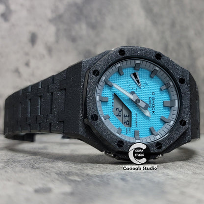 Casioak Mod Watch Frosted Black Case Metal Strap Gray Time Mark Tiffany Blue Dial 44mm - Casioak Studio