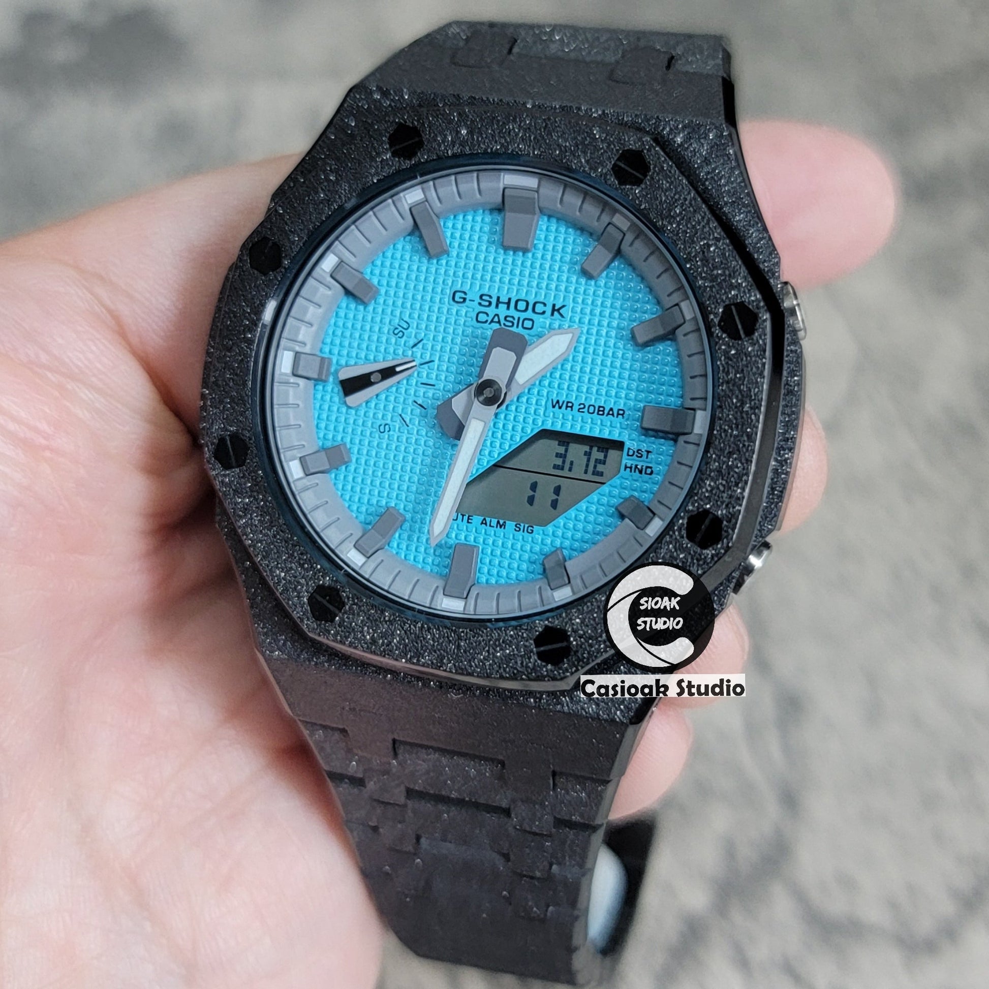 Casioak Mod Watch Frosted Black Case Metal Strap Gray Time Mark Tiffany Blue Dial 44mm - Casioak Studio