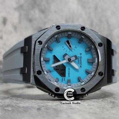 Casioak Mod Watch Offshore Superior Silver Case Blue Rubber Strap Tiffany White Time Mark Tiffany Blue Dial 44mm - Casioak Studio