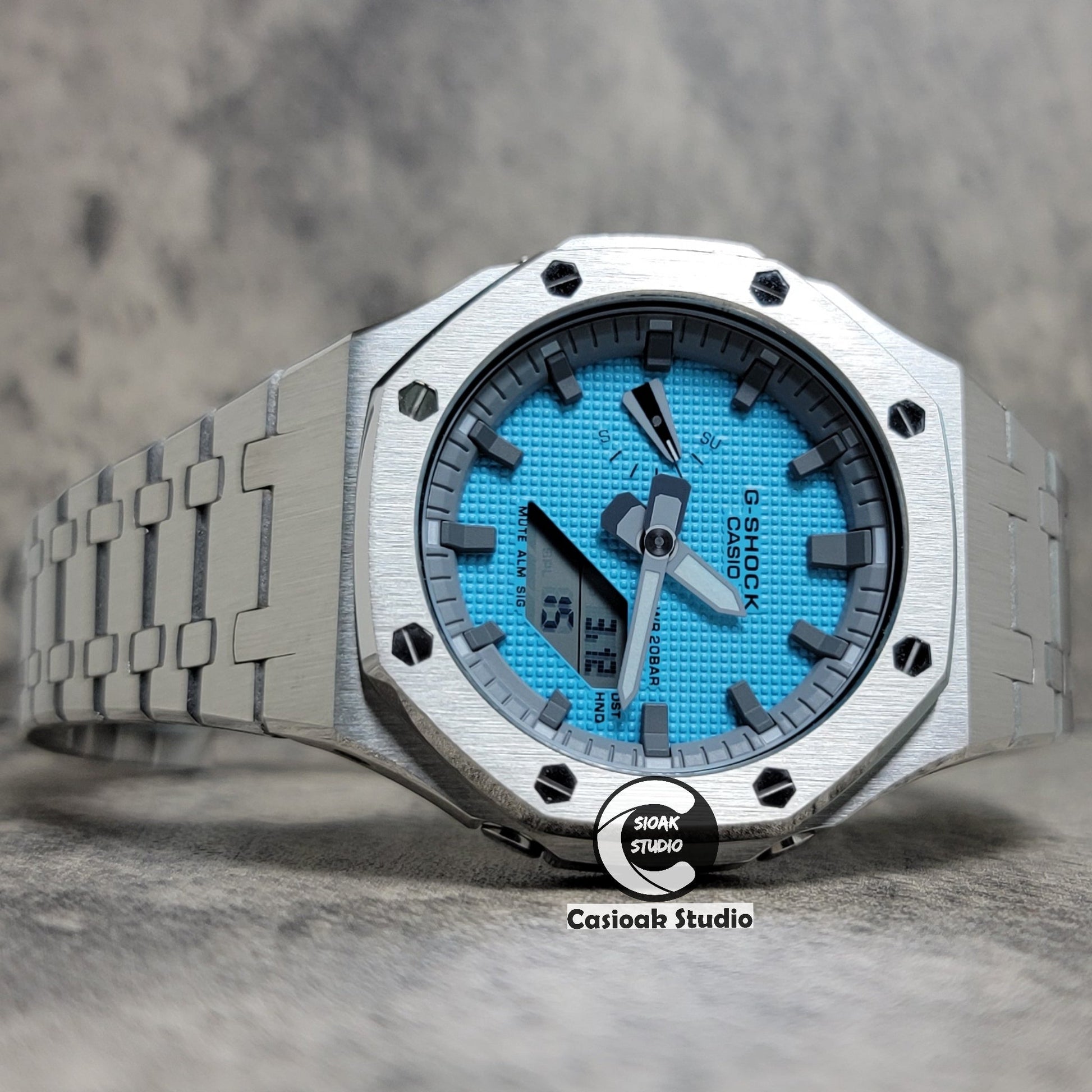 Casioak Mod Watch Silver Case Metal Strap Light Gray White Time Mark Tiffany Blue Dial 44mm - Casioak Studio