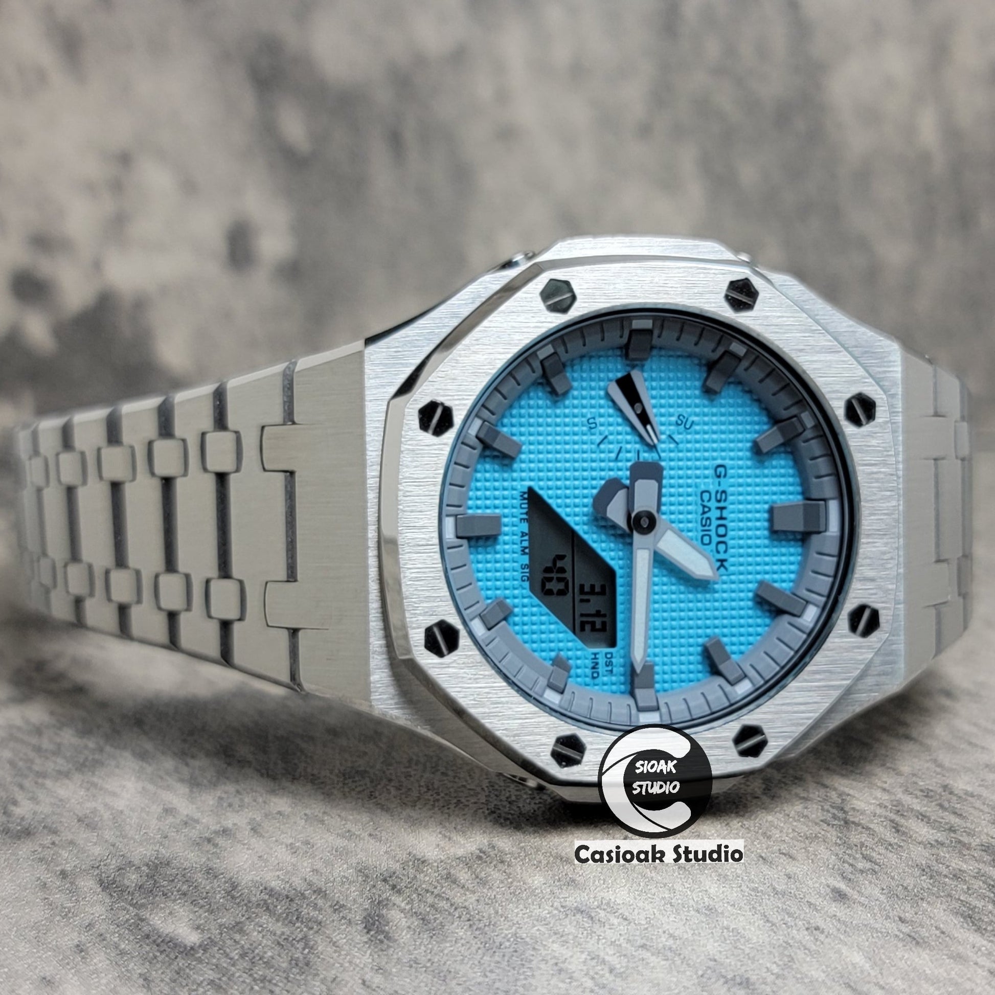 Casioak Mod Watch Silver Case Metal Strap Light Gray White Time Mark Tiffany Blue Dial 44mm - Casioak Studio