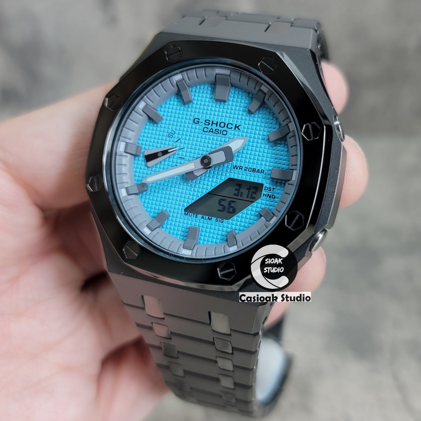 Casioak Mod Watch Polished Gray Case Metal Strap Gray Time Mark Tiffany Blue Dial 44mm - Casioak Studio