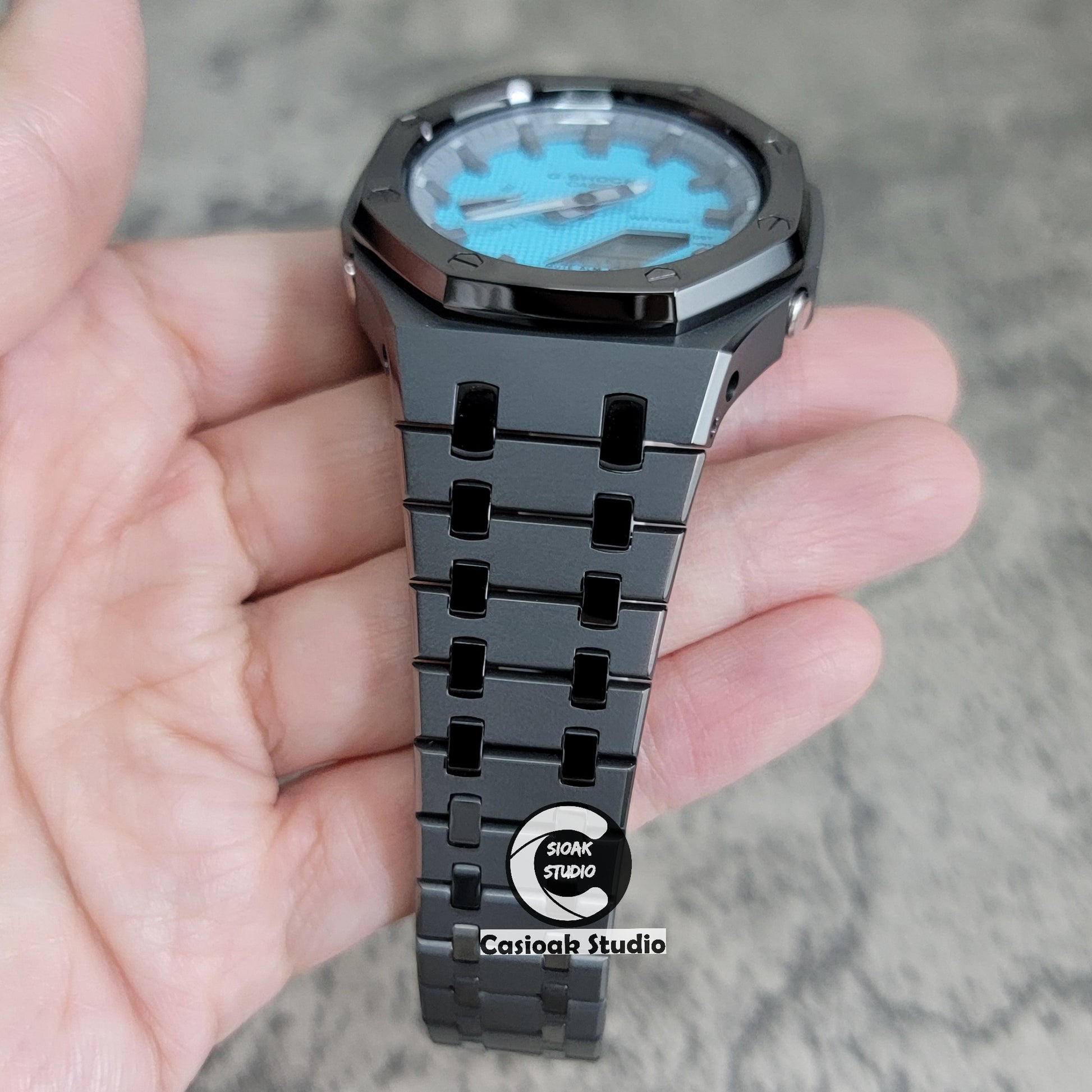 Casioak Mod Watch Polished Gray Case Metal Strap Gray Time Mark Tiffany Blue Dial 44mm - Casioak Studio