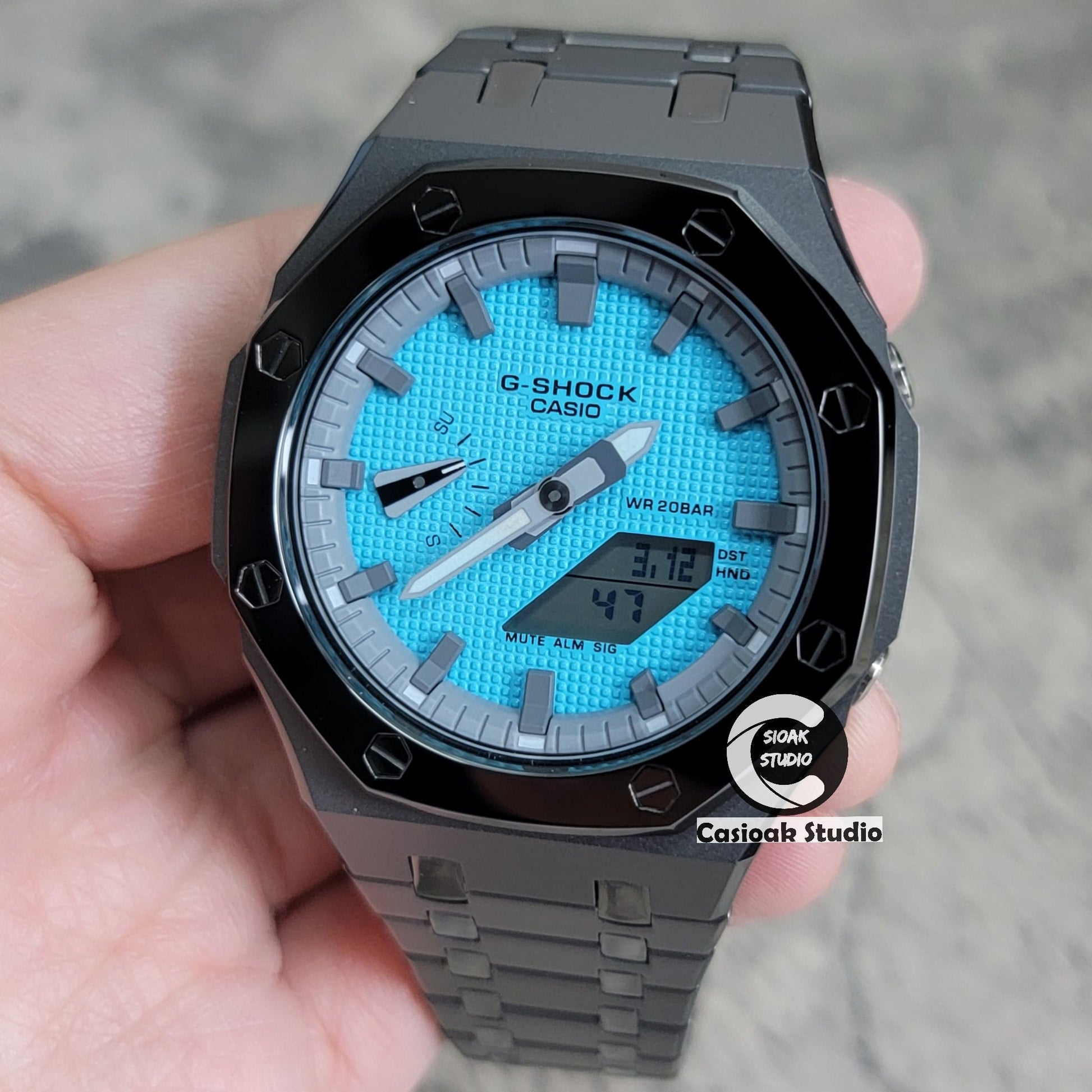 Casioak Mod Watch Polished Gray Case Metal Strap Gray Time Mark Tiffany Blue Dial 44mm - Casioak Studio