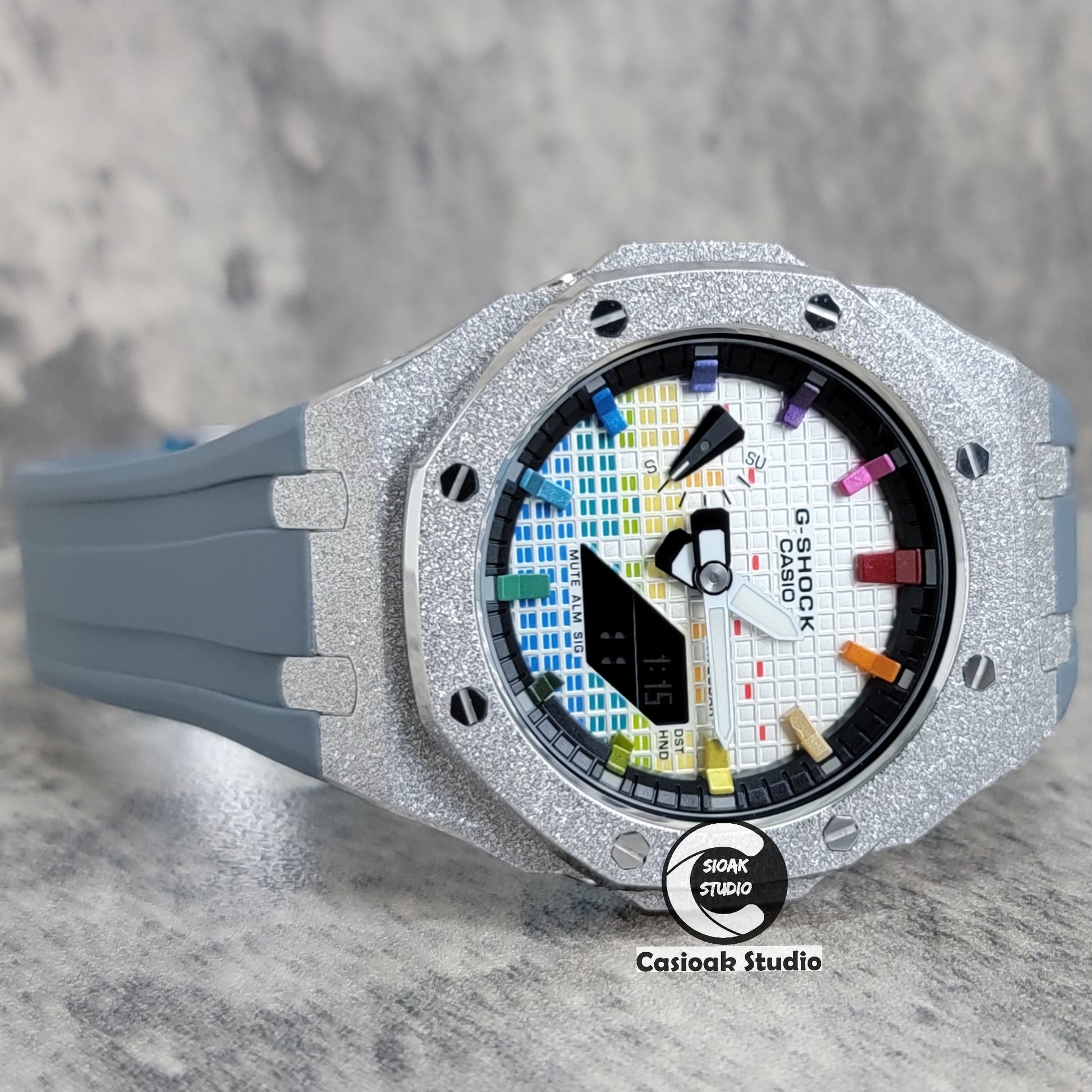 Casioak Mod Watch Frosted Silver Case Gray Strap Black Rainbow Time Mark Music Dial 44mm - Casioak Studio