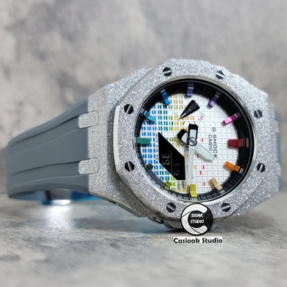 Casioak Mod Watch Frosted Silver Case Gray Strap Black Rainbow Time Mark Music Dial 44mm - Casioak Studio