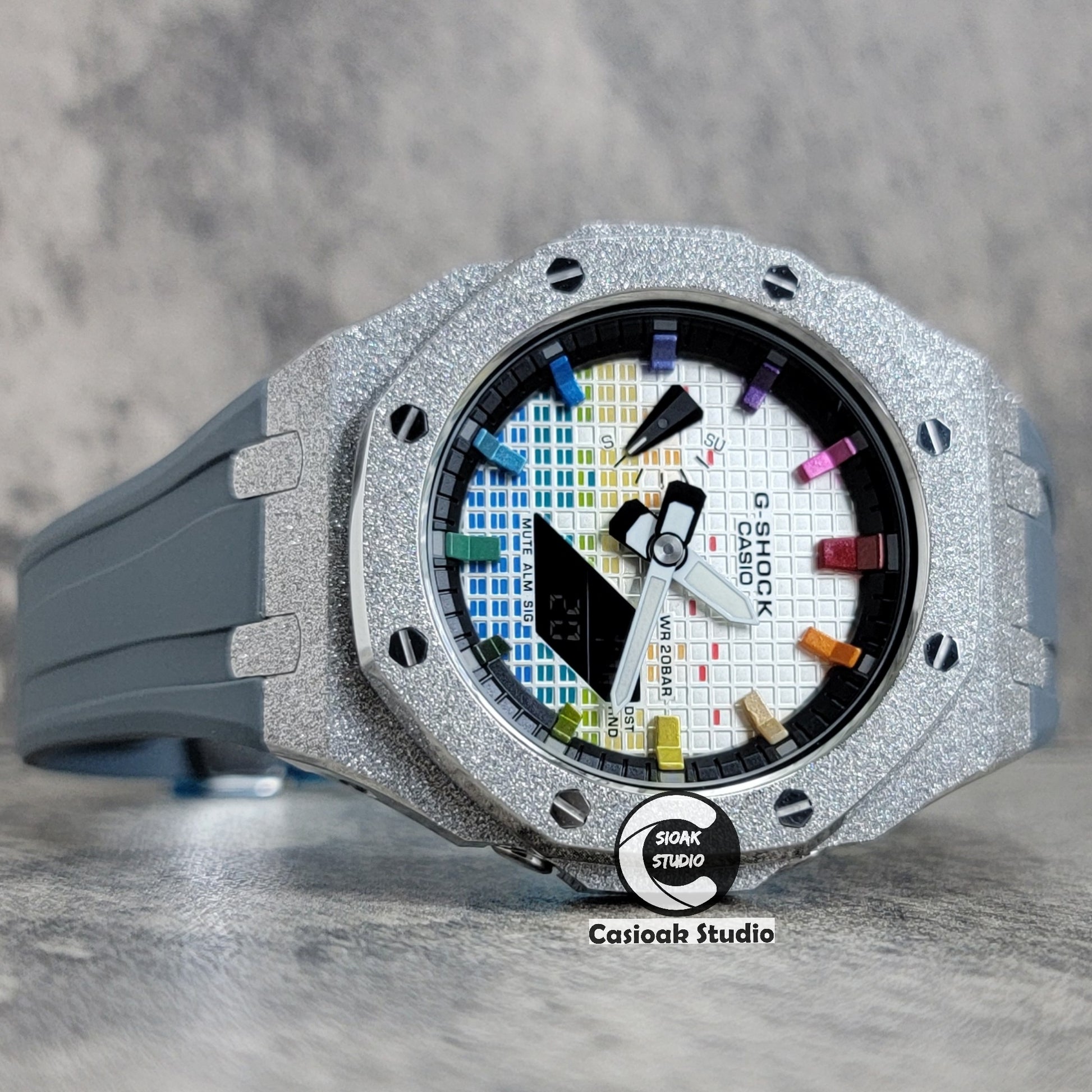 Casioak Mod Watch Frosted Silver Case Gray Strap Black Rainbow Time Mark Music Dial 44mm - Casioak Studio