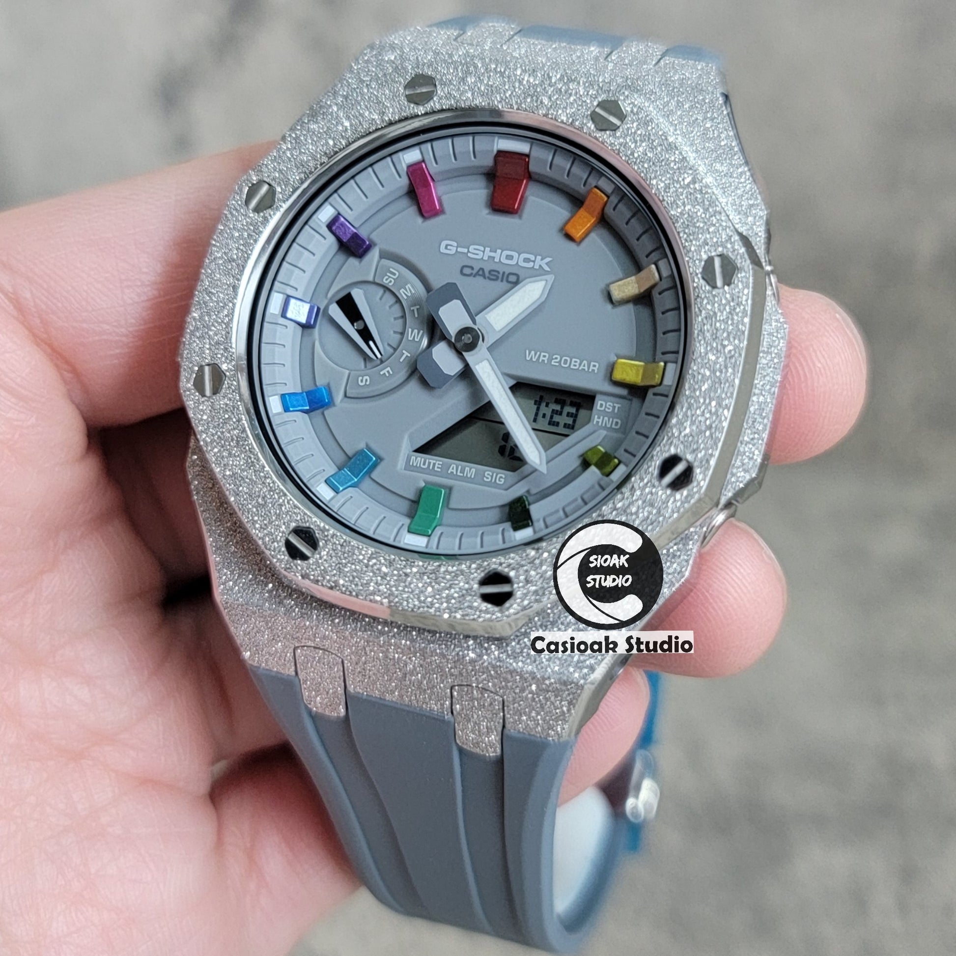 Casioak Mod Watch Frosted Silver Case Gray Strap Gray Rainbow Time Mark Gray Dial 44mm - Casioak Studio