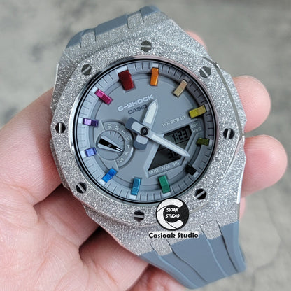 Casioak Mod Watch Frosted Silver Case Gray Strap Gray Rainbow Time Mark Gray Dial 44mm - Casioak Studio