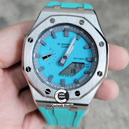 Casioak Mod Watch Offshore Superior Silver Case Tiffany Rubber Strap Gray Time Mark Tiffany Blue Dial 44mm - Casioak Studio