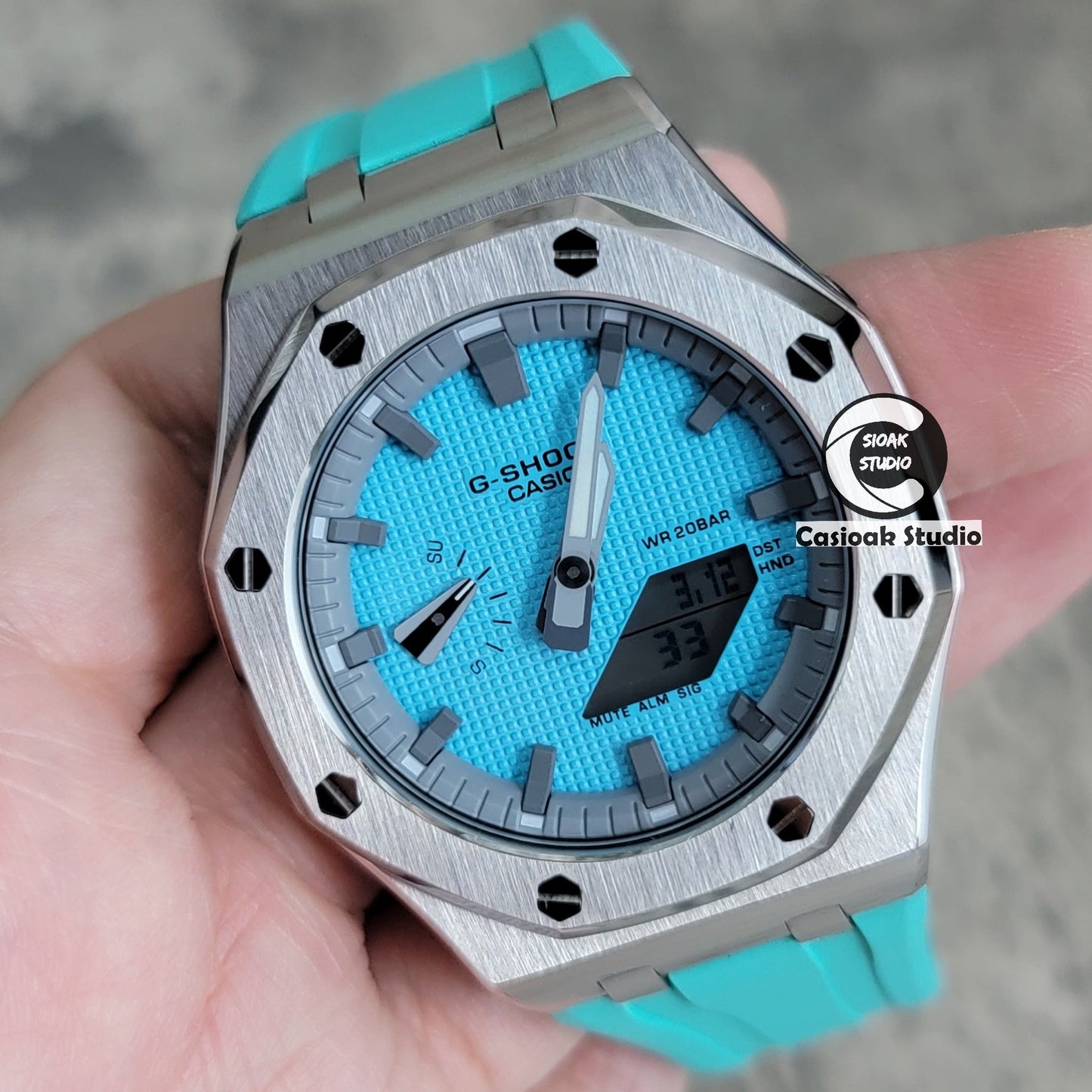 Casioak Mod Watch Offshore Superior Silver Case Tiffany Rubber Strap Gray Time Mark Tiffany Blue Dial 44mm - Casioak Studio