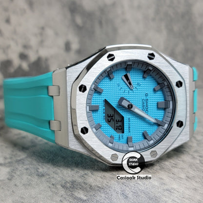 Casioak Mod Watch Offshore Superior Silver Case Tiffany Rubber Strap Gray Time Mark Tiffany Blue Dial 44mm - Casioak Studio