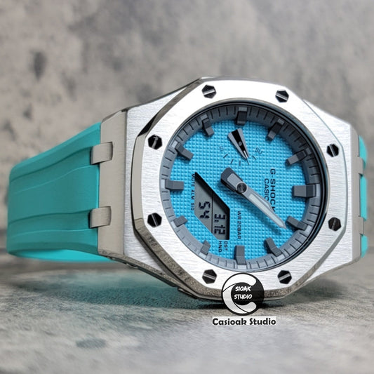 Casioak Mod Watch Offshore Superior Silver Case Tiffany Rubber Strap Gray Time Mark Tiffany Blue Dial 44mm - Casioak Studio