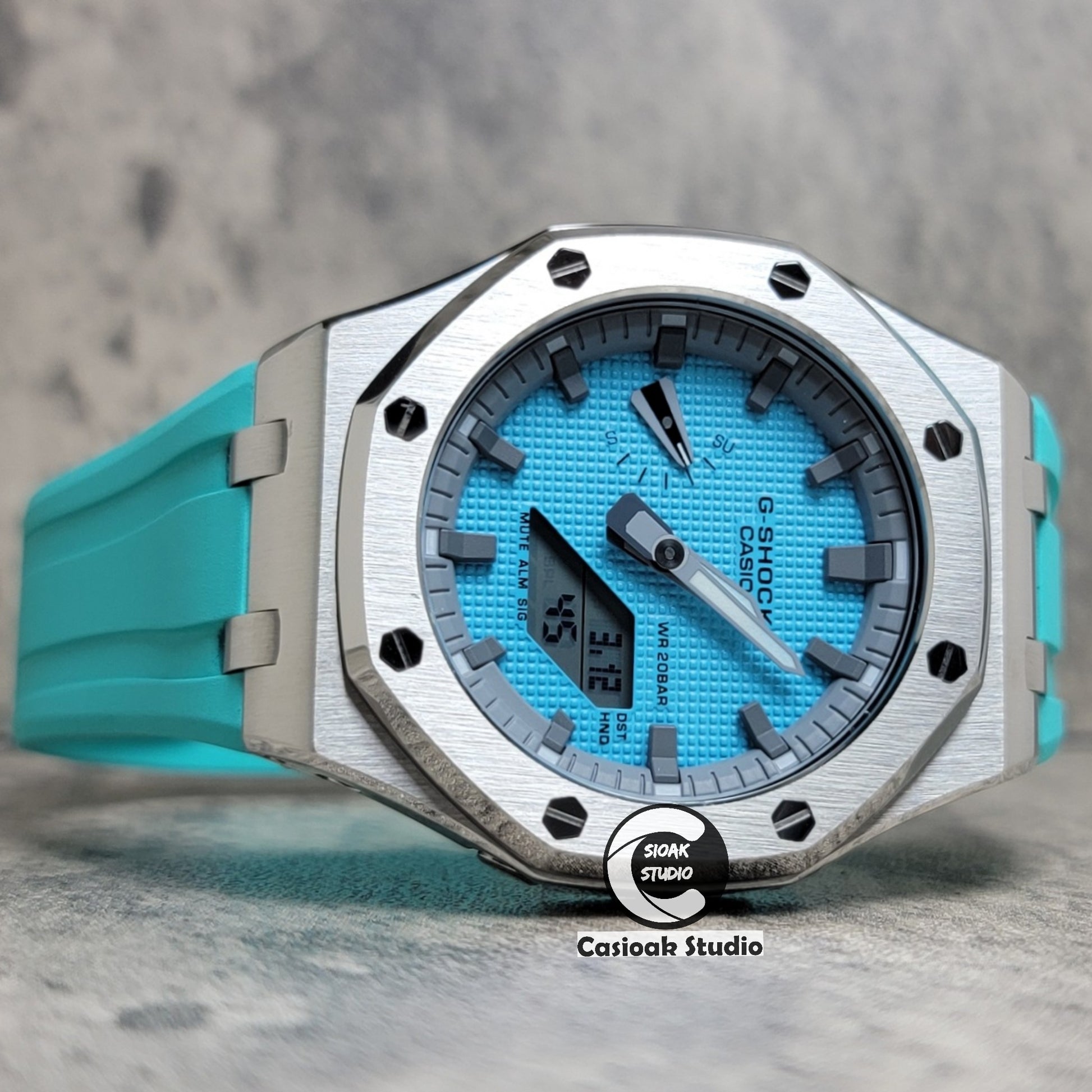 Casioak Mod Watch Offshore Superior Silver Case Tiffany Rubber Strap Gray Time Mark Tiffany Blue Dial 44mm - Casioak Studio