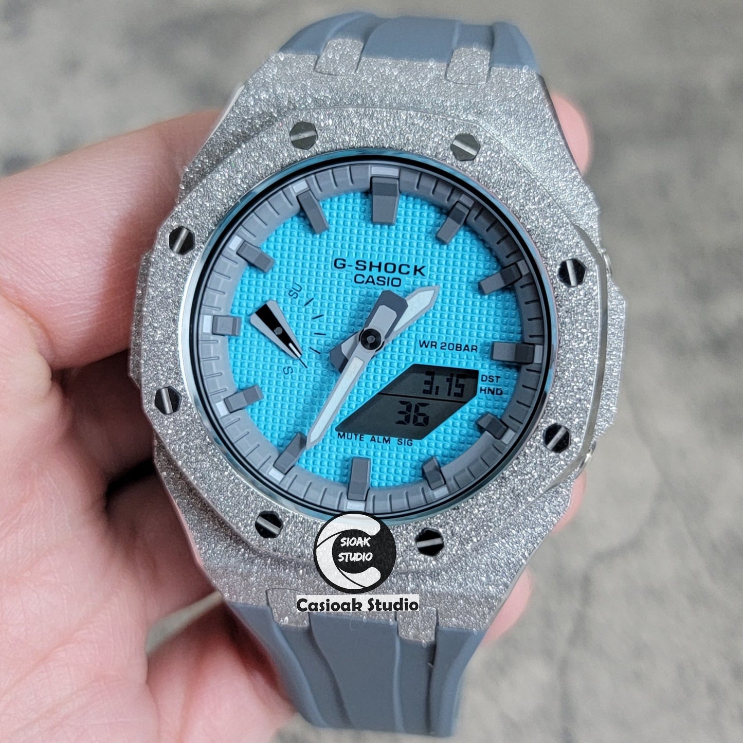 Casioak Mod Watch Frosted Silver Case Gray Strap Gray Time Mark Tiffany Blue Dial 44mm - Casioak Studio