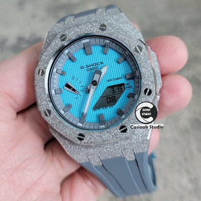 Casioak Mod Watch Frosted Silver Case Gray Strap Gray Time Mark Tiffany Blue Dial 44mm - Casioak Studio