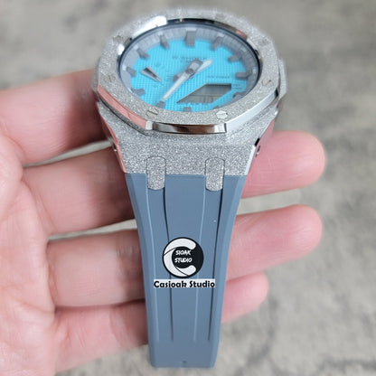 Casioak Mod Watch Frosted Silver Case Gray Strap Gray Time Mark Tiffany Blue Dial 44mm - Casioak Studio