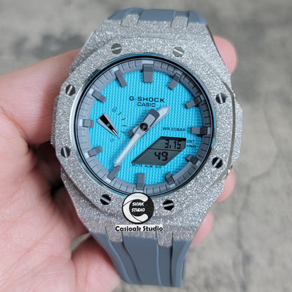 Casioak Mod Watch Frosted Silver Case Gray Strap Gray Time Mark Tiffany Blue Dial 44mm - Casioak Studio