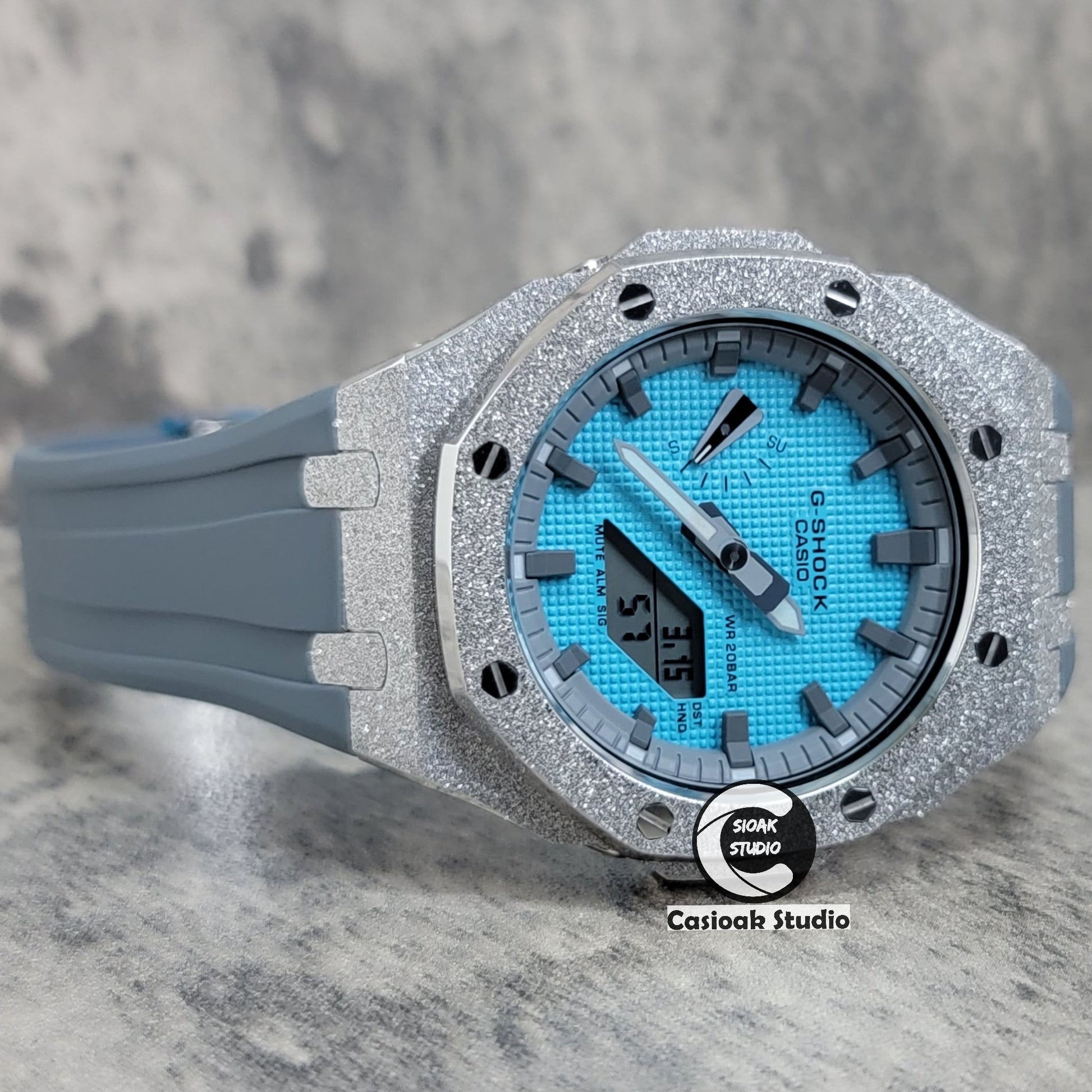 Casioak Mod Watch Frosted Silver Case Gray Strap Gray Time Mark Tiffany Blue Dial 44mm - Casioak Studio