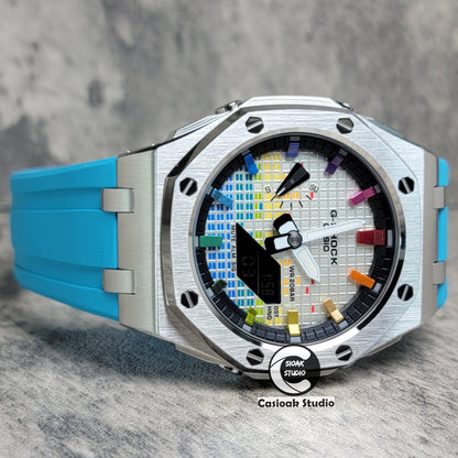 Casioak Mod Watch Offshore Superior Silver Case Blue Rubber Strap Black Rainbow Time Mark Music Dial 44mm - Casioak Studio