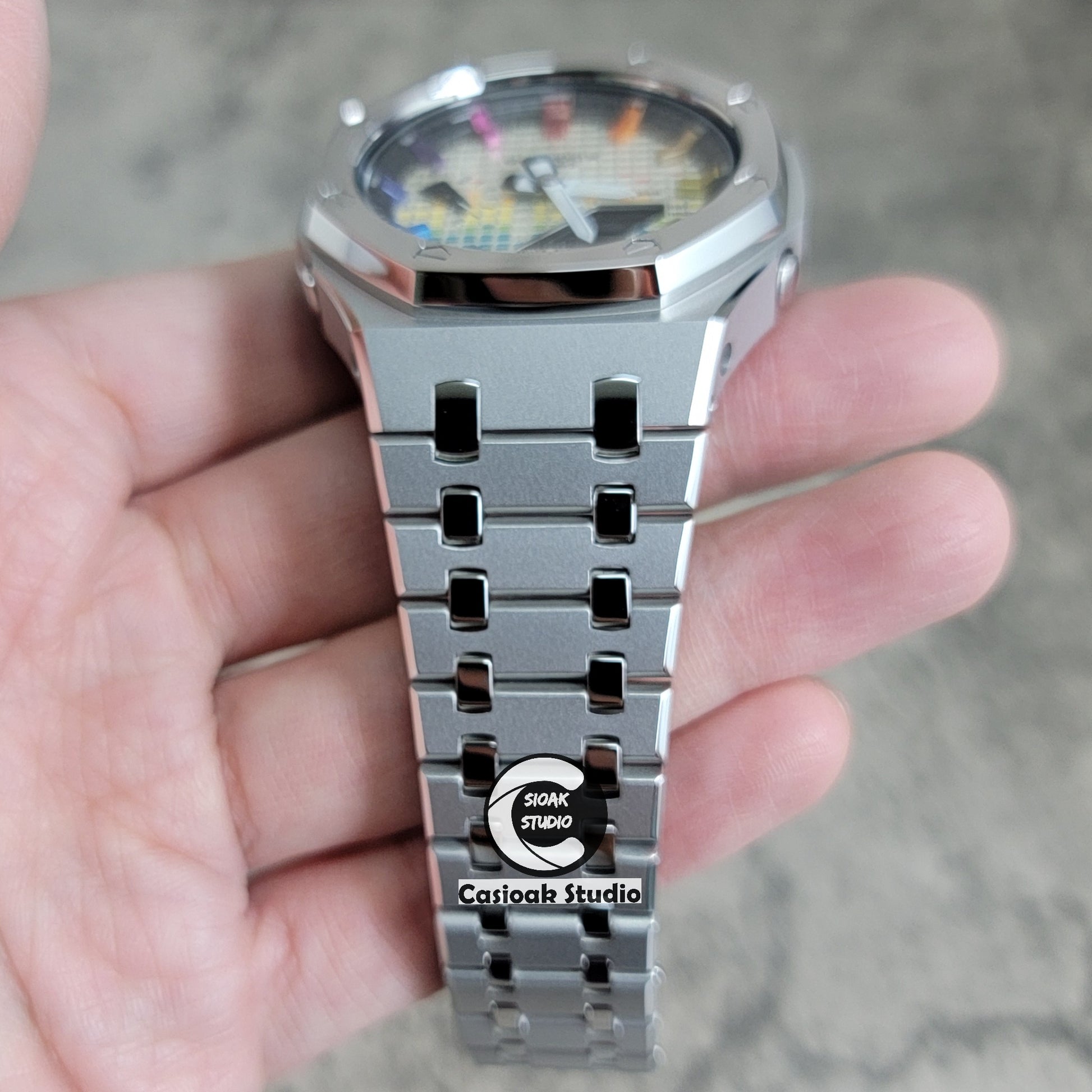 Casioak Mod Watch Polished Silver Case Metal Strap Black Rainbow Time Mark Music Dial 44mm - Casioak Studio