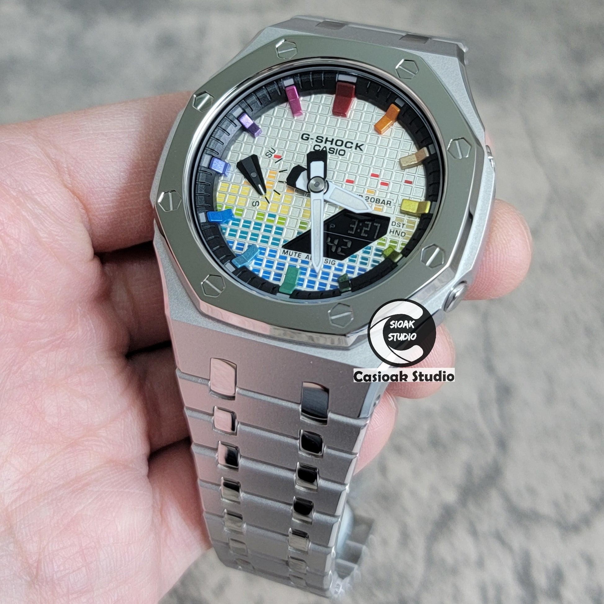 Casioak Mod Watch Polished Silver Case Metal Strap Black Rainbow Time Mark Music Dial 44mm - Casioak Studio