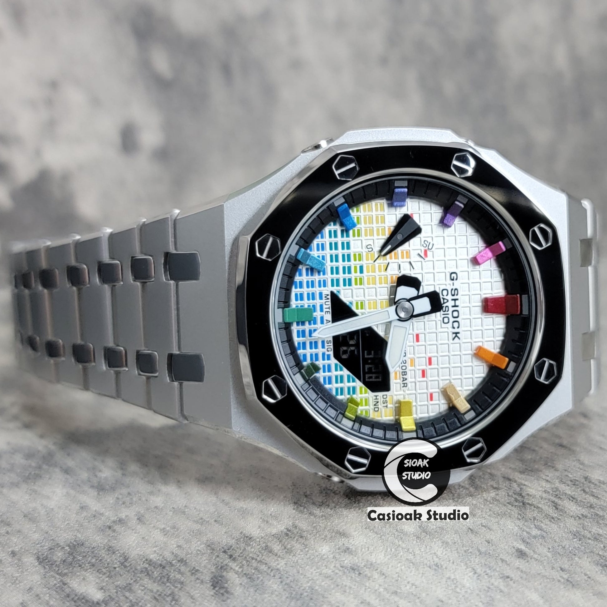 Casioak Mod Watch Polished Silver Case Metal Strap Black Rainbow Time Mark Music Dial 44mm - Casioak Studio