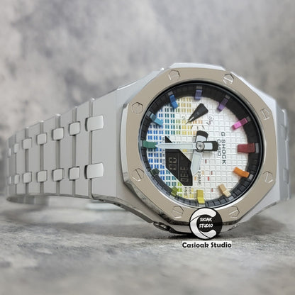 Casioak Mod Watch Polished Silver Case Metal Strap Black Rainbow Time Mark Music Dial 44mm - Casioak Studio