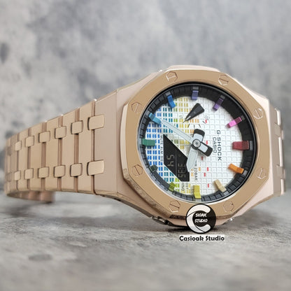 Casioak Mod Watch Polished Rose Gold Case Metal Strap Black Rainbow Time Mark Music Dial 44mm - Casioak Studio