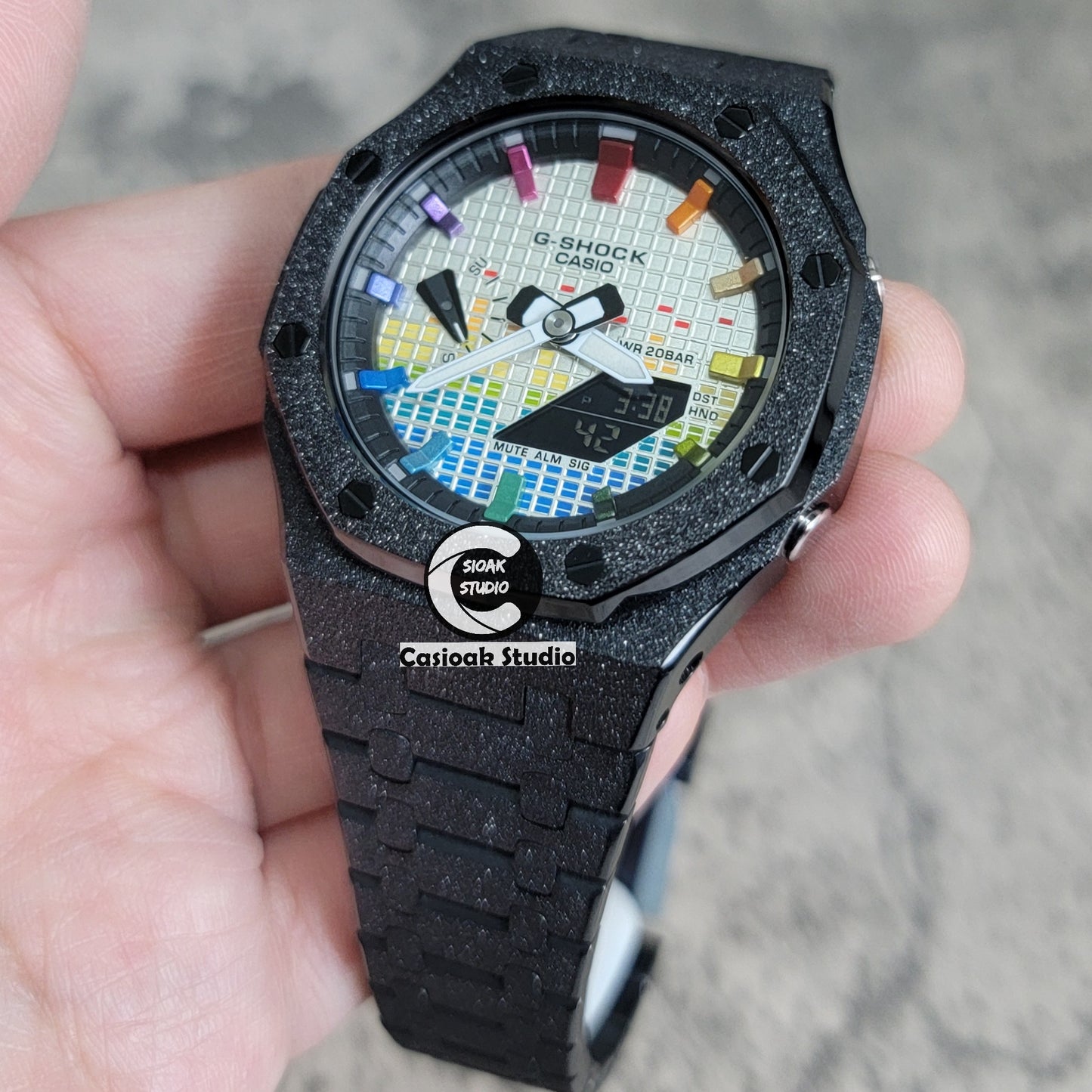 Casioak Mod Watch Frosted Black Case Metal Strap Black Rainbow Time Mark Music Dial 44mm - Casioak Studio