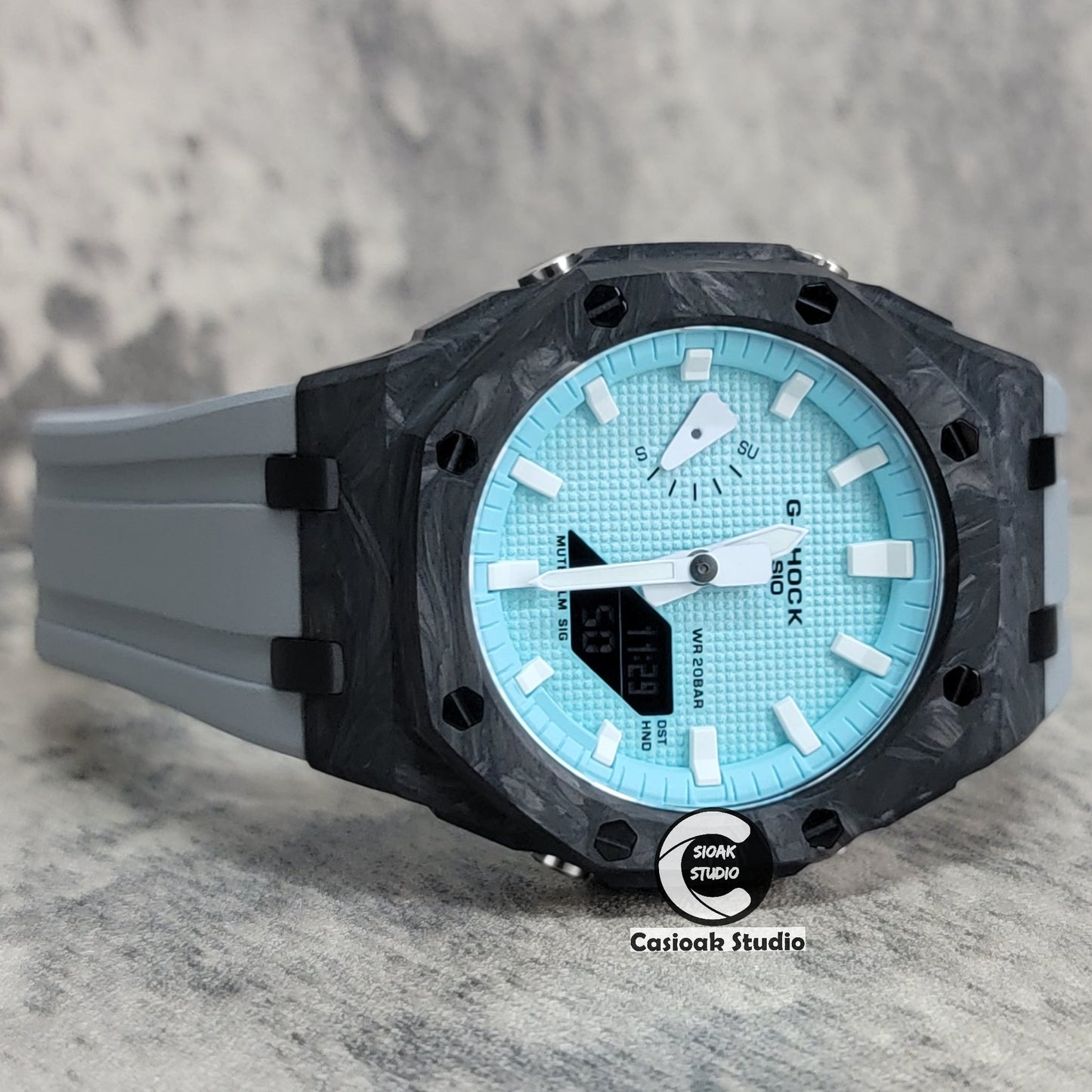 Casioak Mod Watch Carbon Fiber Offshore Superior Black Case Gray Strap Blue White Time Mark Tiff Blue Dial 44mm