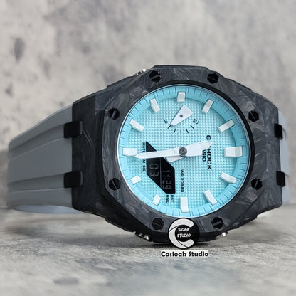 Casioak Mod Watch Carbon Fiber Offshore Superior Black Case Gray Strap Blue White Time Mark Tiff Blue Dial 44mm