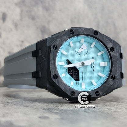 Casioak Mod Watch Carbon Fiber Offshore Superior Black Case Gray Strap Blue White Time Mark Tiff Blue Dial 44mm