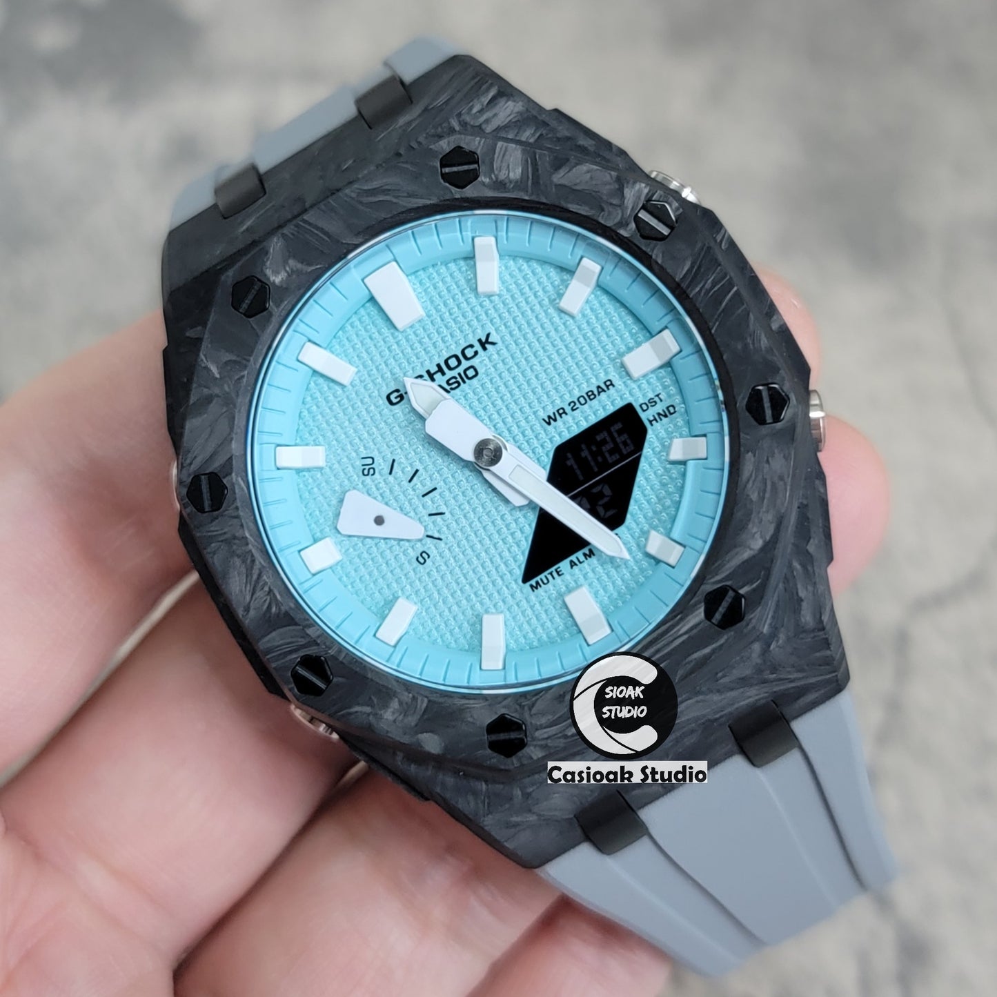 Casioak Mod Watch Carbon Fiber Offshore Superior Black Case Gray Strap Blue White Time Mark Tiff Blue Dial 44mm