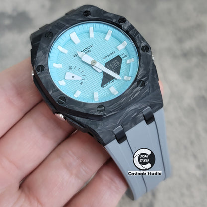 Casioak Mod Watch Carbon Fiber Offshore Superior Black Case Gray Strap Blue White Time Mark Tiff Blue Dial 44mm