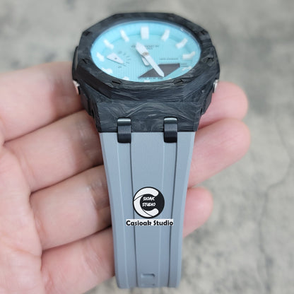 Casioak Mod Watch Carbon Fiber Offshore Superior Black Case Gray Strap Blue White Time Mark Tiff Blue Dial 44mm