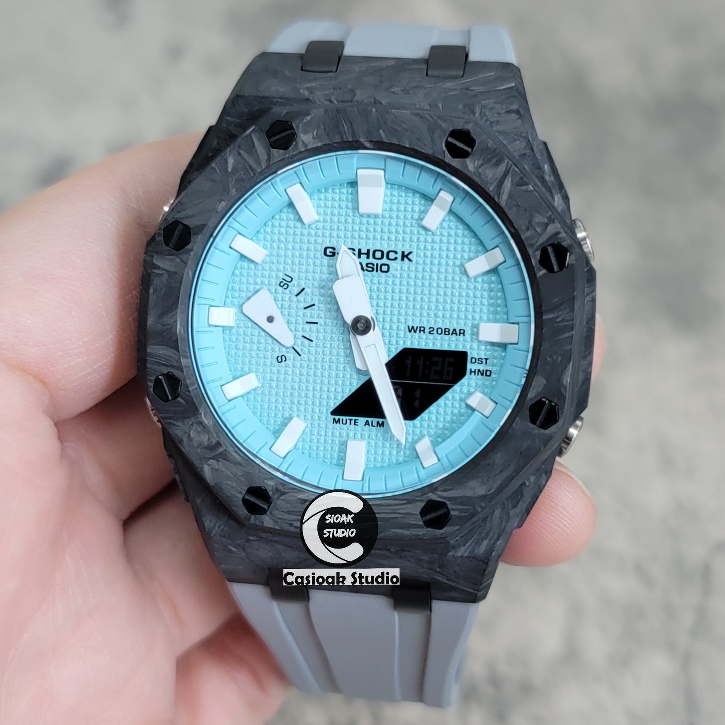 Casioak Mod Watch Carbon Fiber Offshore Superior Black Case Gray Strap Blue White Time Mark Tiff Blue Dial 44mm