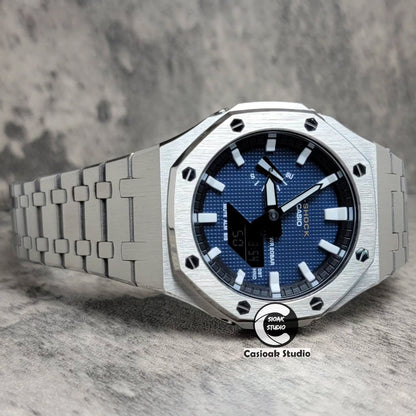 Casioak Mod Watch Silver Case Metal Strap White Time Mark Blue Waffle Dials 44mm