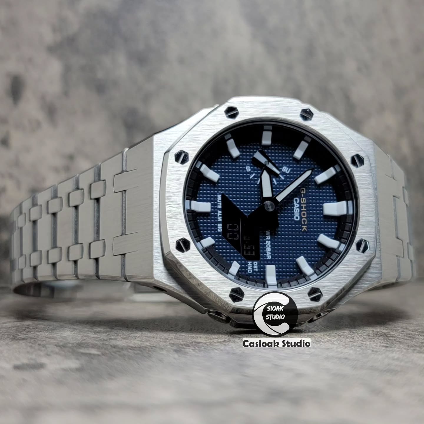 Casioak Mod Watch Silver Case Metal Strap White Time Mark Blue Waffle Dials 44mm