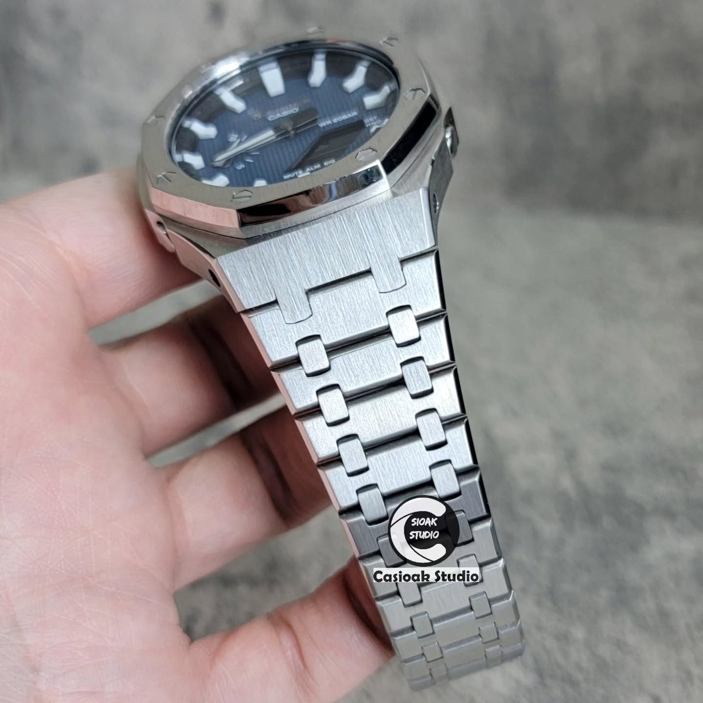 Casioak Mod Watch Silver Case Metal Strap White Time Mark Blue Waffle Dials 44mm