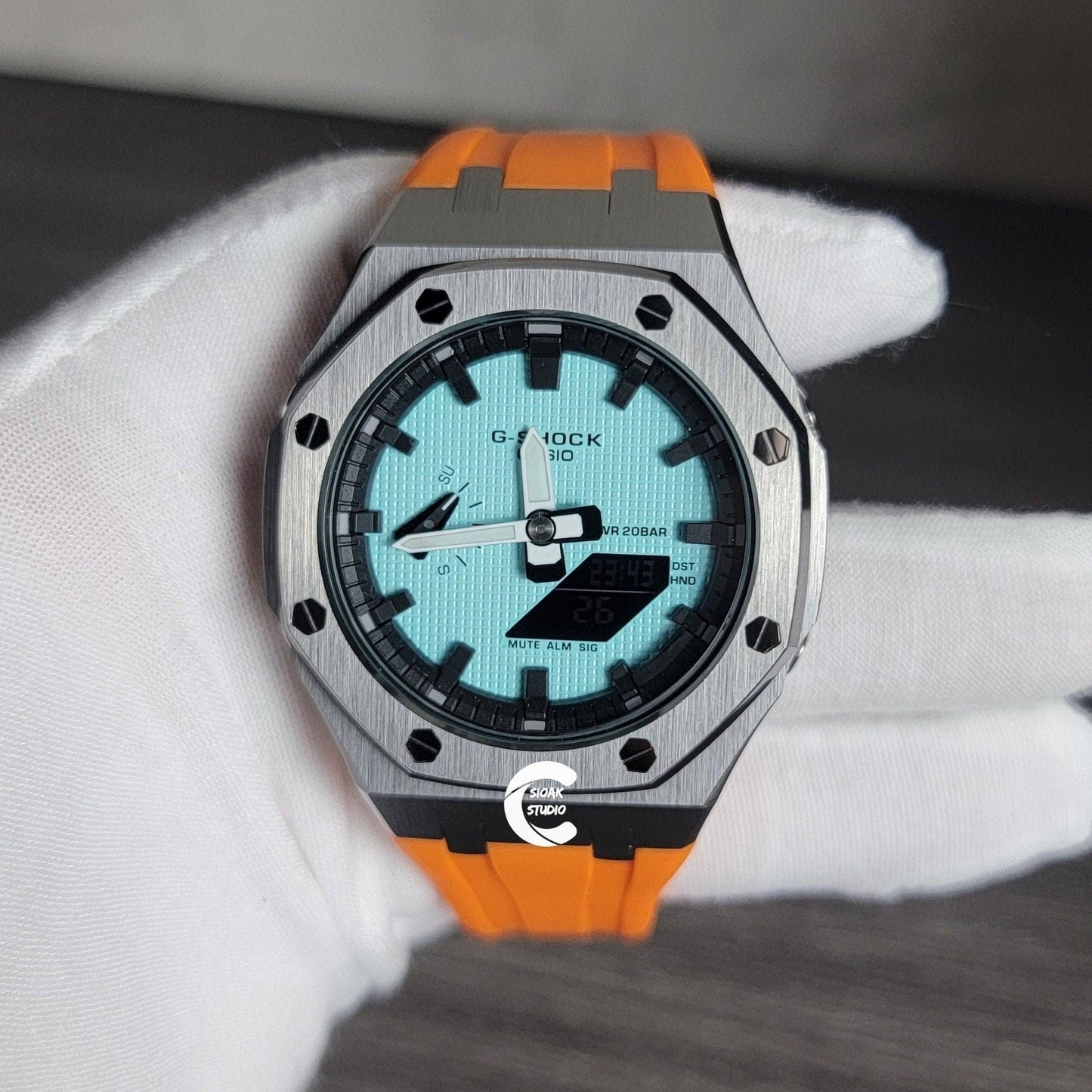 Casioak Mod Watch Gray Case Orange Rubber Strap Black Time Mark Tiffany Blue Dial 44mm - Casioak Studio