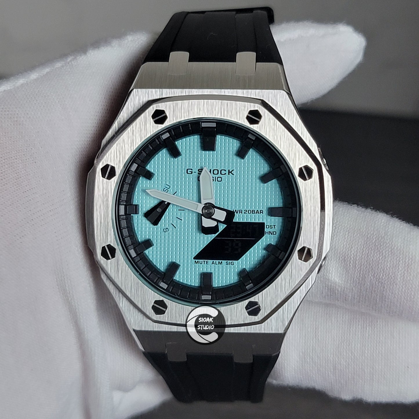 Casioak Mod Watch Silver Case Black Rubber Strap Black Time Mark Tiffany Blue Dial 44mm - Casioak Studio