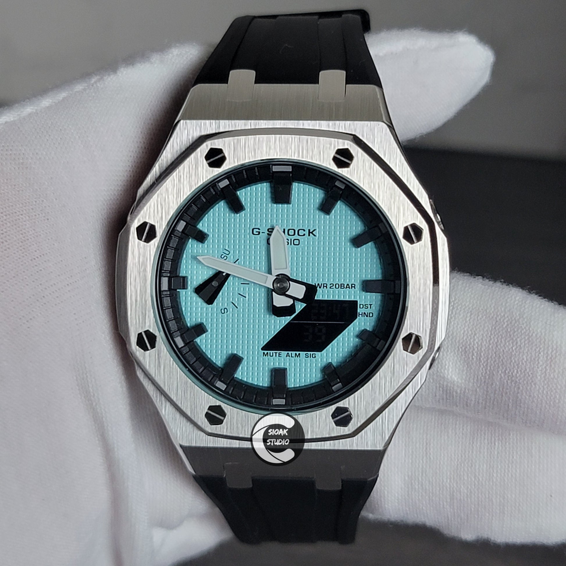 Casioak Mod Watch Silver Case Black Rubber Strap Black Time Mark Tiffany Blue Dial 44mm - Casioak Studio