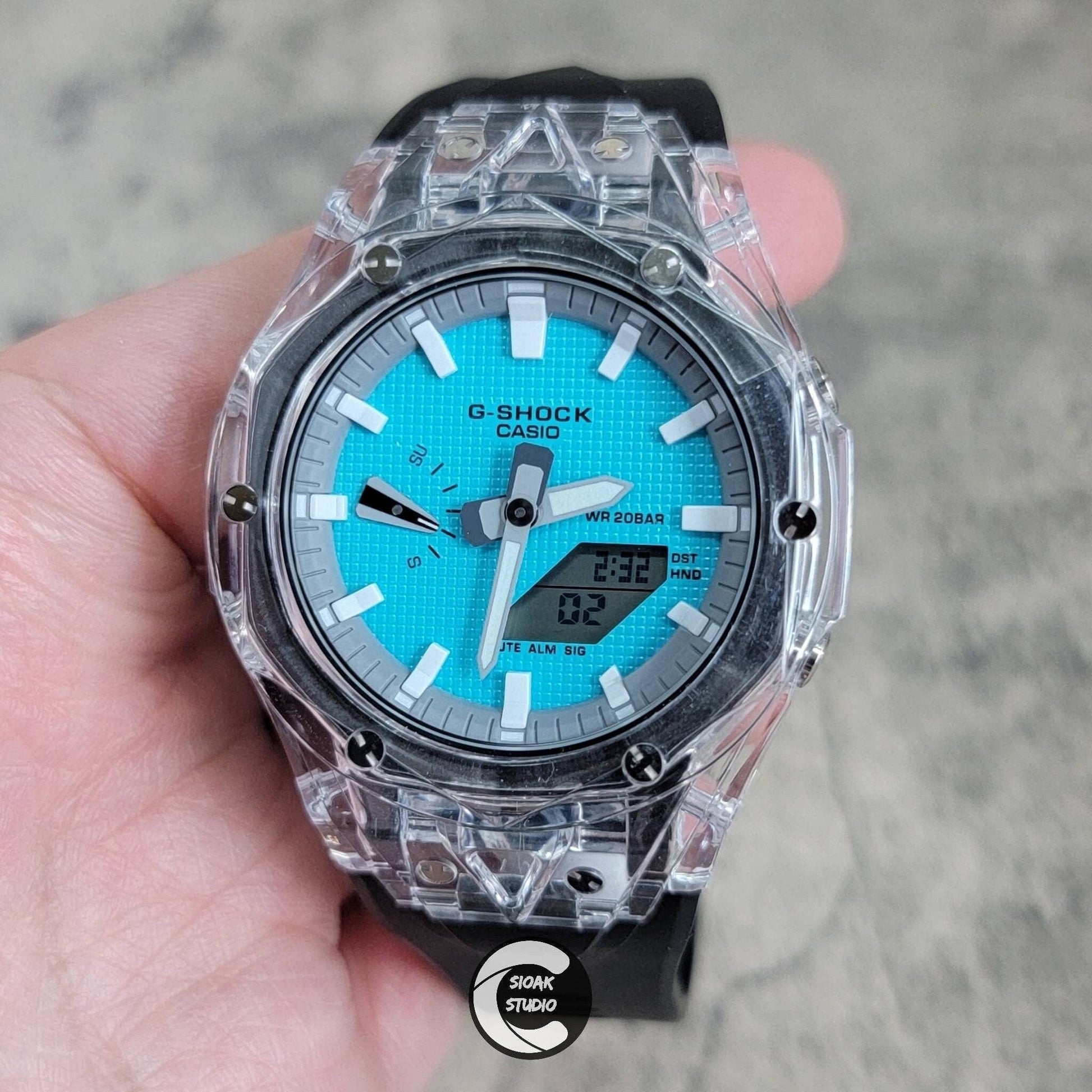 Casioak Mod Watch Transparent Case Black Strap Gray White Time Mark Tiffany Blue Dial 44mm - Casioak Studio