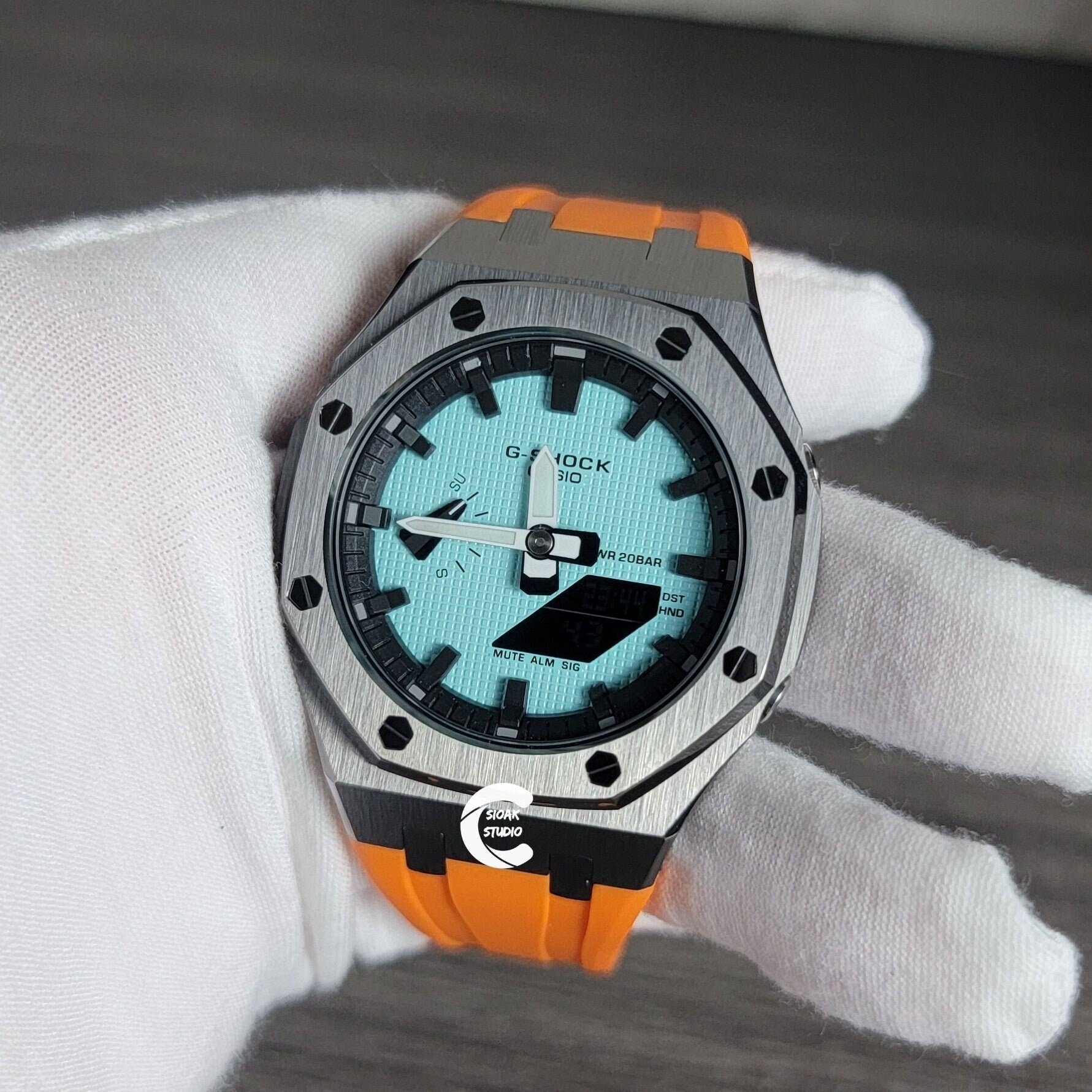 Casioak Mod Watch Gray Case Orange Rubber Strap Black Time Mark Tiffany Blue Dial 44mm - Casioak Studio