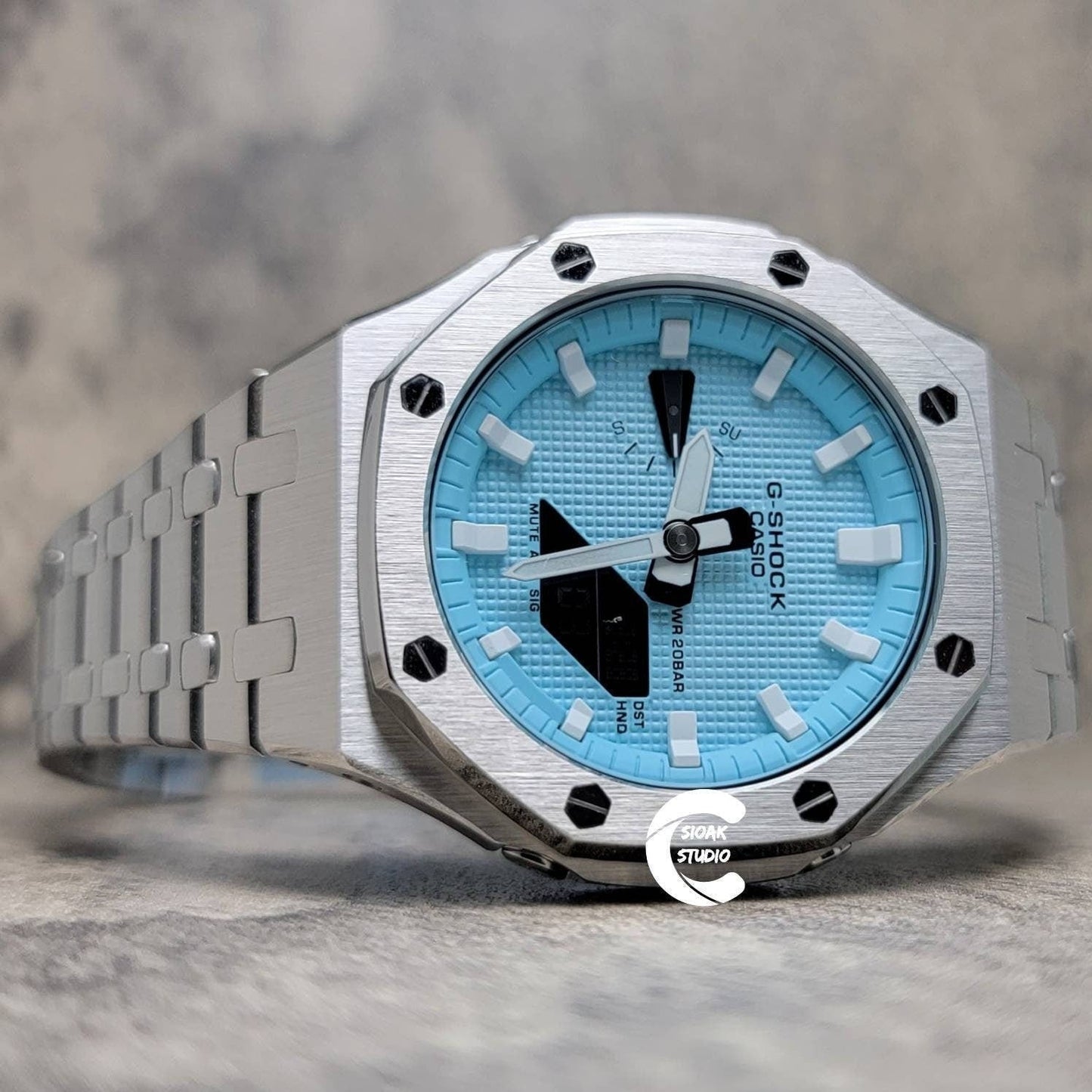 Casioak Mod Watch Silver Case Metal Strap Tiffany White Time Mark Tiffany Blue Dial 44mm - Casioak Studio