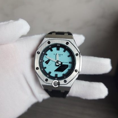 Casioak Mod Watch Silver Case Black Rubber Strap Black Time Mark Tiffany Blue Dial 44mm - Casioak Studio