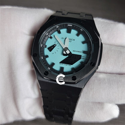 Casioak Mod Watch Black Case Metal Strap Black Time Mark Tiffany Blue Dial 44mm - Casioak Studio