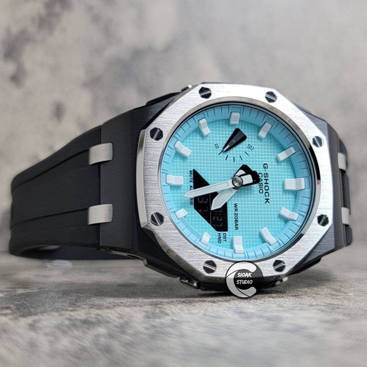 Casioak Mod Watch Offshore Superior Silver Black Case Black Rubber Strap Tiffany White Time Mark Tiffany Blue Dial 44mm - Casioak Studio