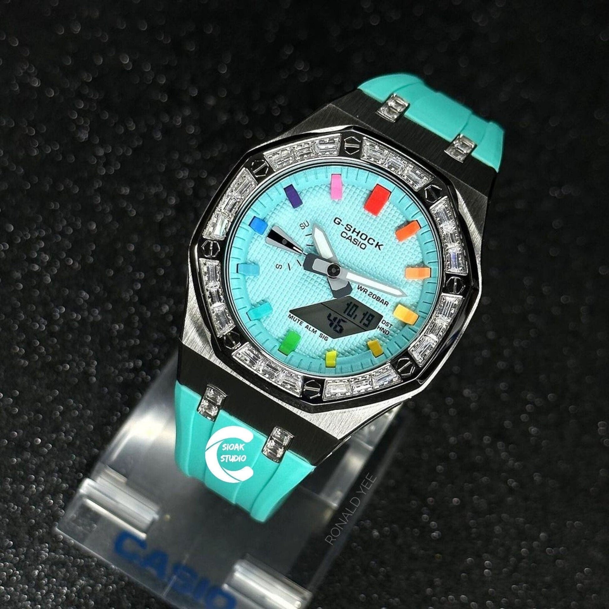 Casioak Mod Watch Diamond Silver Case Tiffany Strap Tiffany Rainbow Time Mark Tiffany Blue Dial 44mm - Casioak Studio